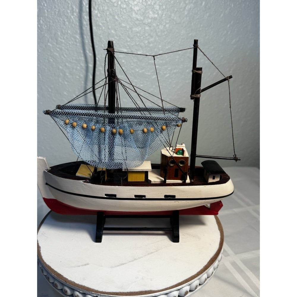 Shrimp Boat Model Fishing Trawler Complete Built Wooden Hull Painted with Stand